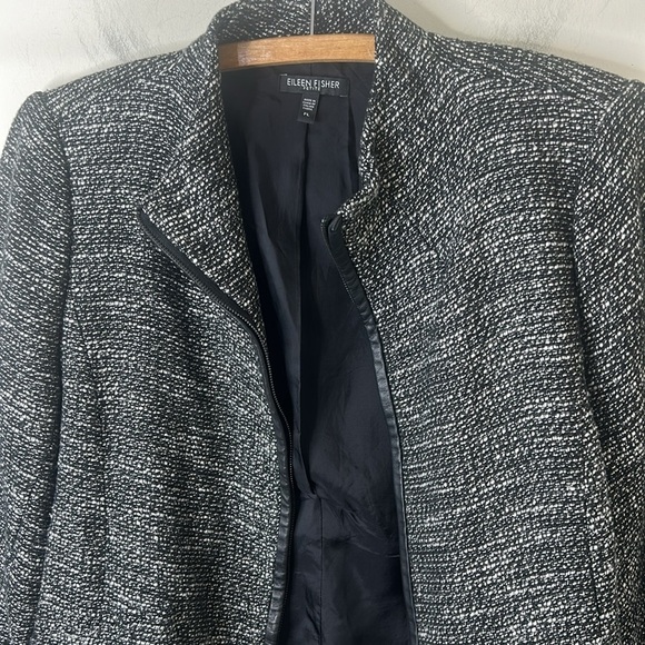 EILEEN FISHER Black White Tweed Zippered Leather Trim Jacket Size Petite Large - Picture 12 of 16